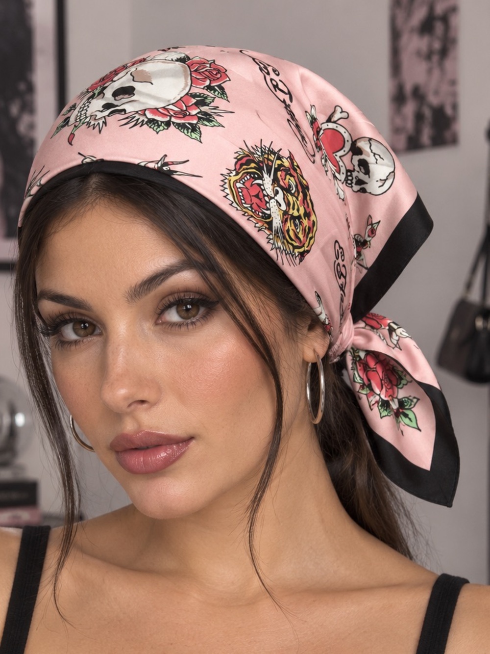 Ed Hardy- NWT Pink Satin Skull & Floral Scarf